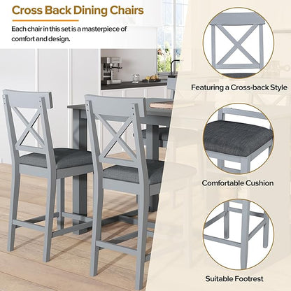 Merax 5 Piece Solid Wood Farmhouse Counter Height Dining Table Set with 3-Tier Storage Shelves,and 4 Upholstered Dining Chairs,Gray
