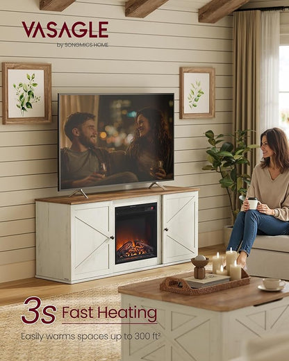 VASAGLE Fireplace TV Stand for TVs up to 65 Inches, 18-Inch ELectric Fireplace with Remote, Farmhouse Entertainment Center, Media Console Table for Living Room, Rustic White and Honey Brown ULTV540W01