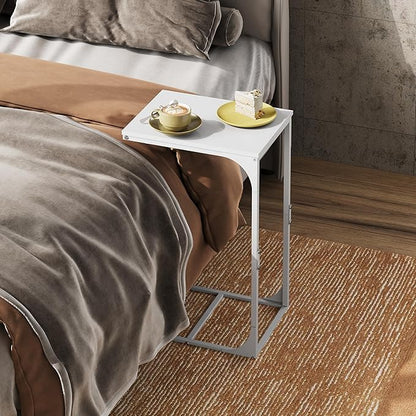 WLIVE C Shaped End Table, Small Couch Side Tables with Metal Frame, Sofa Table TV Tray for Living Room, Bedroom, White