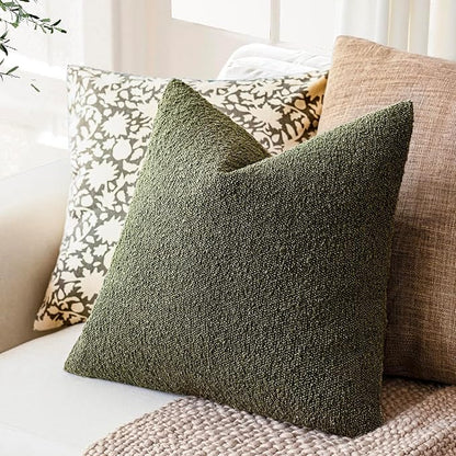 Foindtower Set of 2, Decorative Textured Boucle Throw Pillow Covers Accent Solid Pillow Cases Neutral Soft Cozy Couch Cushion Case for Chair Sofa Bedroom Living Room Home Decor 16x16 Inch Moss Green