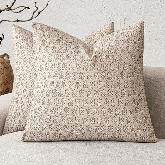 Foindtower Set of 2 Decorative Neutral Floral Print Throw Pillow Covers Vintage Accent Farmhouse Cushion Covers Boho Home Decor for Sofa Couch Chair Bedroom Living Room Outdoor,22×22 Inch,Ivory Beige
