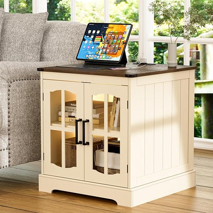 ChooChoo Farmhouse End Table, 24" Large Sofa Side Table with Charging Station & LED Light, Nightstand with Adjustable Storage Shelf, Square Bedside Table for Living Room Beige (Cream Mix with White)
