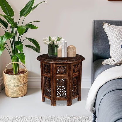 Round Wood Coffee Table - 18” Carved Small Accent Side Table with Burnt Finish, Wooden Altar Table, 18” Round Top x 18” Height, Perfect End Table for Living Room Décor