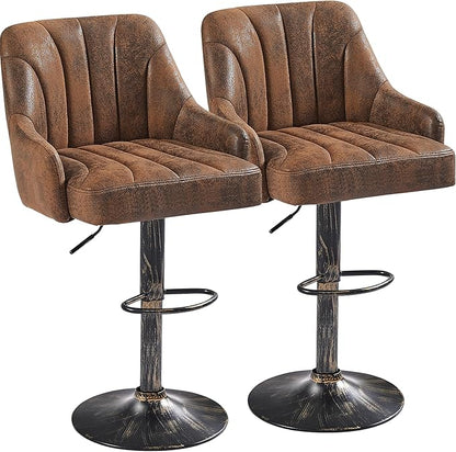 VECELO Bar Stools Set of 2, Adjustable Counter Height Barstools with Back and Arm, Swivel Bar Chair Stools for Kitchen Counter Island Cafe Dining Room, Industrial Style, Brown
