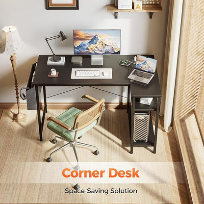 Small L Shaped Computer Desk with Power Outlets, Gaming Desk for Small Spaces, Corner Desk with Reversible Storage Shelves, Study Writing Table for Home Office (Socket, Black, 48 inch)