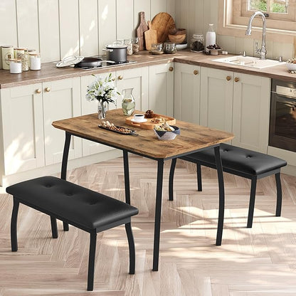 3 Piece Farmhouse Dining Table Set for 4, Compact Rustic Kitchen Table with 2 Padded Benches, Space Saving Breakfast Nook Furniture Set for Small Spaces, Apartments, Vintage