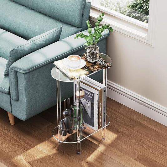 Clear Acrylic Narrow Side Table Set of 2 for Small Spaces, 15.75" L x 7.87" W x 19.82" H, 2 Tier Oval Slim End Table Nightstand, Small Skinny Bedside Table for Bedroom, Bathroom, Living Room