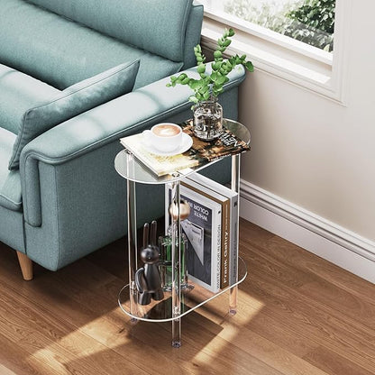 Clear Acrylic Narrow Side Table for Small Spaces, 15.75" L x 7.87" W x 19.82" H, 2 Tier Oval Slim End Table Nightstand, Small Skinny Bedside Table for Bedroom, Bathroom, Living Room