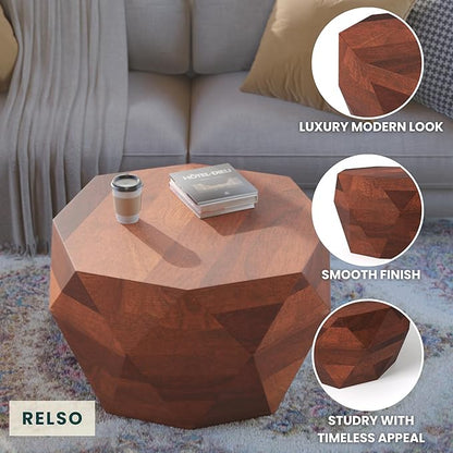 Octavian Coffee Table - Solid Wood Round Drum Center Table for Living Room with Geometric Faceted Design | Walnut Finish Accent Table, Modern Decor, Farmhouse Table | No Assembly Required (18 inch H)