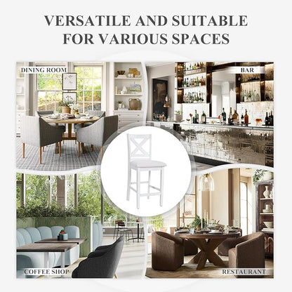 COLAMY Counter Height Bar Stools Set of 4, Kitchen Island Stools with Cross Back, Upholstered Counter Stools with Wood Legs, Modern Wooden Bar Stools for Kitchen Dining Room Bar, Grey White Wash