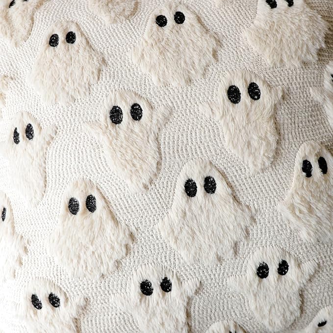 4TH Emotion Halloween Ghost Decorative Pillow Covers 20x20 Set of 2, Beige Soft Plush Faux Fur Farmhouse Throw Cushion Cases for Fall Autumn Holiday Home Decorations