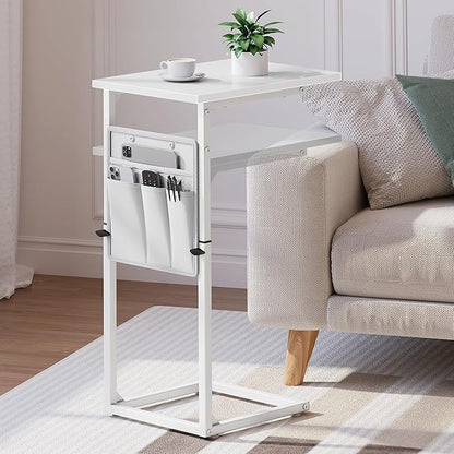 Vagusicc C Shaped End Table, 33" Tall Side Table for Couch, Adjustable Height Recliner Table Small Couch Side Tables, Sofa Tables Slide Under Sofa TV Tray Arm C Table for Living Room, Bedroom, White