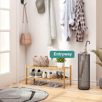 2-Tier Bamboo Shoe Rack for Entryway, Bamboo Wood Shoe Organizer for Hallway Closet, Free Standing Shoe Racks for Indoor Outdoor