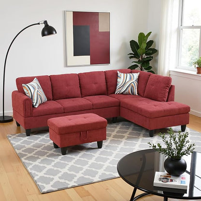 Couches for Living Room Modern L Shaped Couch Comfy Fluffy Fabric 3 Pieces Sectional Sofa with Chaise, Ottoman with Storage for Office and Small Apartment, Red