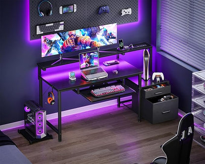 AODK Computer Desk with Drawers and Keyboard Tray, 48" Office Desk with Power Outlet and LED Lights, Reversible Study Work Desk with Printer Shelf and PC Stand for Home Office, Black
