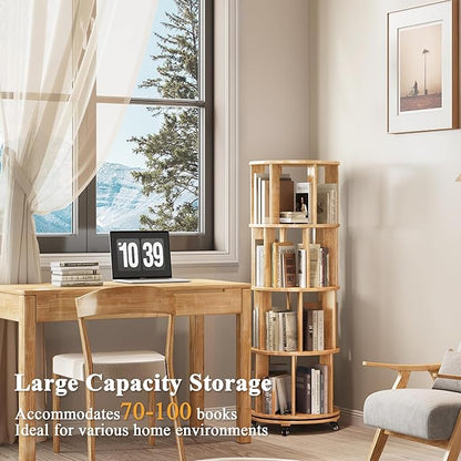 4 Tier Rotating Bookshelf Tower, 360 Spinning Bookcase Carousel with Lockable Wheels, Round Lazy Susan Organizer for Corner Bookshelf, Solid Wood Revolving Bookcase for Kids Room, Bedroom, Living Room
