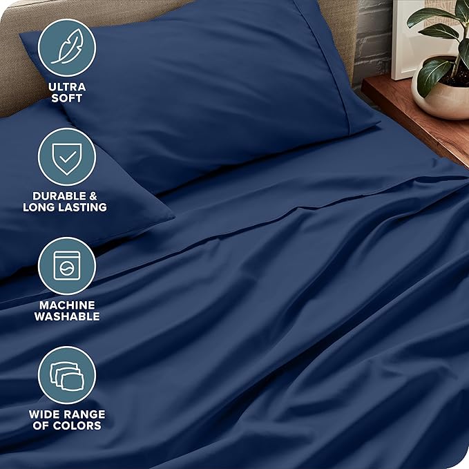 Bare Home Short Queen Sheet Set - 1800 Ultra-Soft Microfiber - Double Brushed - Deep Pockets - Easy Fit - 4 Piece Set - Bed Sheets (Short Queen, Dark Blue)