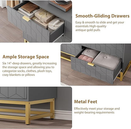 GAOMON Grey Dresser for Bedroom,Modern 6 Drawer Double Dresser with Gold Handles,Long Storage Organizer for TV Stand & Closet,Large Chest of Drawers for Living Room,Hallway,Entryway
