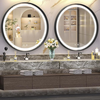 Hasipu 28 Inch Round LED Mirror for Bathroom with Lights, Black Circle Vanity Mirror for Wall, Metal Framed Frontlit Bathroom Mirrors Anti-Fog, Dimmable, 3 Colors Makeup Mirror Wall Mounted