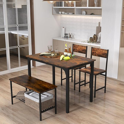 Giantex Dining Table Set for 4, Kitchen Table with Bench and Chairs, Industrial Gathering Bench Dining Set W/Metal Frame & Storage Rack, Dinette Set, Modern Functional Desk Set (Coffee)