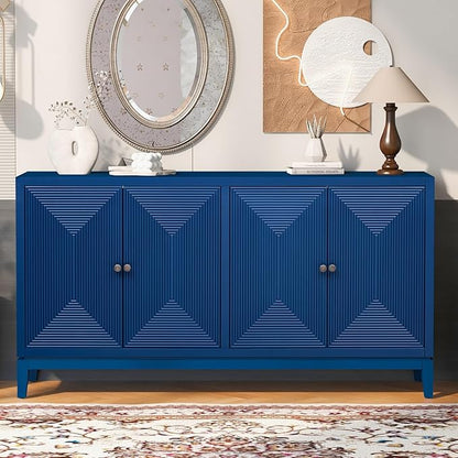 Merax 60" Sideboard Buffet Storage Cabinet with 4 Doors and Adjustable Shelves, Modern Wooden Accent Fluted Credenza Console Table for Kitchen, Dining, Living Room, Coffee Bar, Entryway, Navy Blue