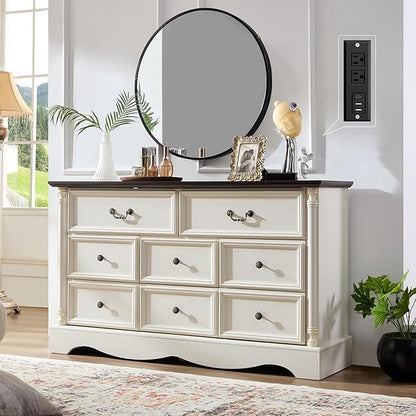 Farmhouse 8 Drawers Dresser for Bedroom with Charging Station, 54" Wide Wood Country Rustic Storage Dressers Organizer, Vintage Design Chest of Drawers TV Stand, Antique White