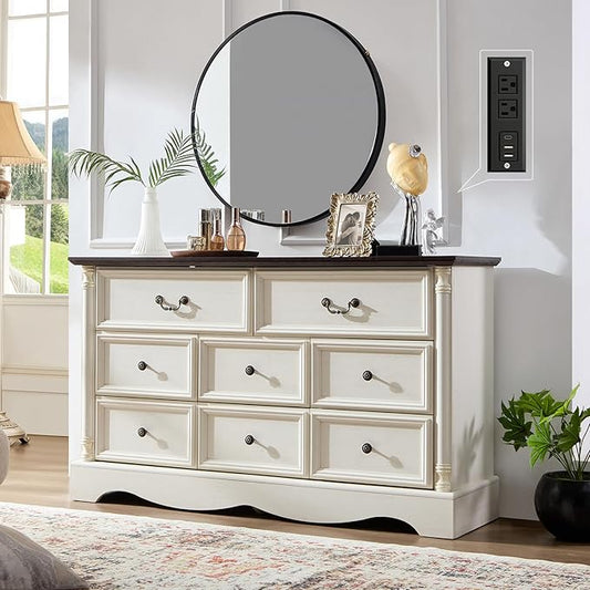 Farmhouse 8 Drawers Dresser for Bedroom with Charging Station, 54" Wide Wood Country Rustic Storage Dressers Organizer, Vintage Design Chest of Drawers TV Stand, Antique White