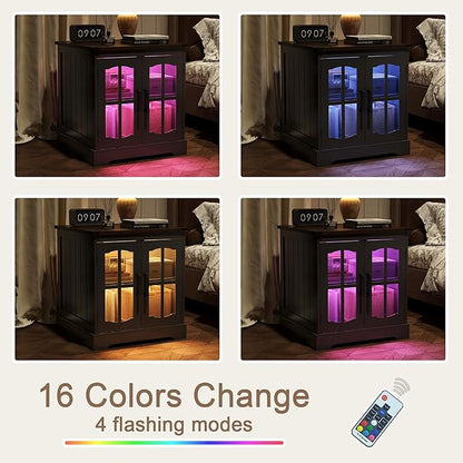 ChooChoo Farmhouse End Table Set of 2, 24" Large Sofa Side Table with Charging Station & LED Light, Black Nightstand with Adjustable Storage Shelf, Square Bedside Table for Living Room