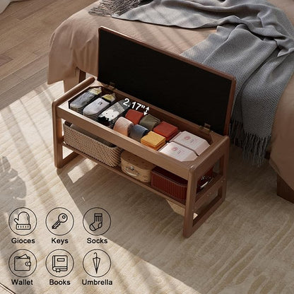 Shoe Rack Bench with Leather Cushion,2 Tiers Shoe Bench with Flip-Top Storage,Wood Shoe Rackh for Entryway,Hallway（Orange,31.5"）