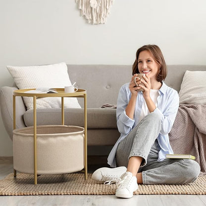 2 Tier Modern Side Table, Round End Table Living Room with Fabric Basket, Small Metal Bedside Nightstand with Removable Tray for Living Room, Bedroom, Office, Gold