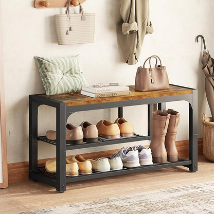 HOMEFORT Shoe Bench,3 Tiers Shoe Rack Bench,31.5" Shoe Storage Bench for Entryway, Retro Industrial Entry Bench with Mesh Shelves and Boot Storage,for Front Door Entrance, Rustic Brown
