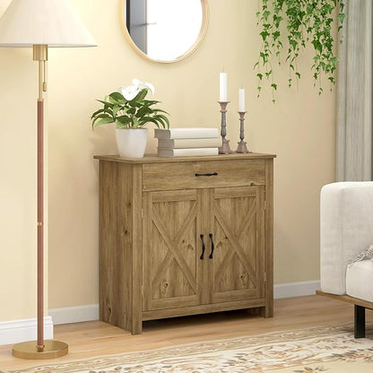 HOMCOM Farmhouse Sideboard Buffet Cabinet, Barn Door Coffee Bar Cabinet with Drawer and Adjustable Shelf, for Living Room, Entryway, Natural Wood