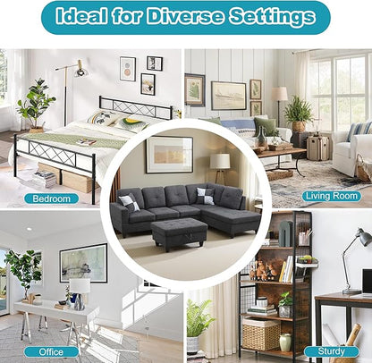 Couches for Living Room Modern L Shaped Couch Comfy Linen Fabric 3 Pieces Sectional Sofa with Chaise, Ottoman with Storage for Office and Small Apartment, Black Grey