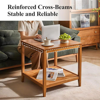 Side Table, Solid Wood Square End Table with Storage Shelf, 2-Tier Coffee Table for Living Room, Rubber Wood Small Sofa Table, Nightstand 23.62 H x 23.62 W x 23.62 D Inches (Natural)