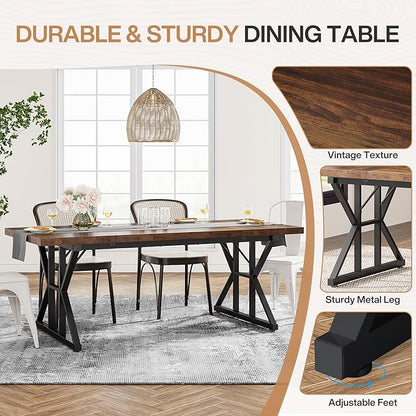 Tribesigns Farmhouse Dining Table for 6 People, 70.8-Inch Rectangular Wood Dining Table, Rustic Kitchen Table with Heavy Duty Metal Legs for Dining Room