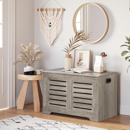 DINZI LVJ Storage Chest, Flip-Top Wooden Toy Box with 2 Safety Hinges, Retro Entryway Shoe Bench, Sturdy Large Storage Trunk for Living Room, Bedroom, Toddler Room, Easy Assembly, Grey Wash