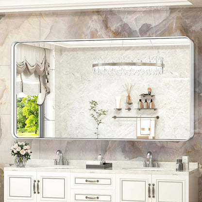 TokeShimi 60 x 28 Inch Wall Mirror for Bathroom Brushed Silver Metal Frame Decorative Rectangular Wall Mounted Home Decor Corner Hangs Farmhouse Mirror (Horizontal/Vertical)