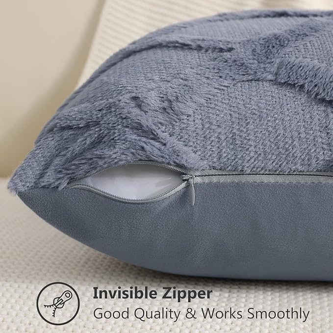 decorUhome Throw Pillow Covers 16x16 Inch Set of 2, Soft Plush Faux Fur Wool Blue Grey Couch Pillow Covers, Decorative Neutral Pillow Cases for Bed Sofa Living Room Home Decor