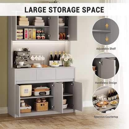 Garvee Kitchen Pantry Storage Cabinet, Tall Storage Cabinet with Doors and Shelves, Kitchen Storage Hutch with Microwave Stand, Led Lights and Charging Station,Corner Pantry Cabinet,Grey