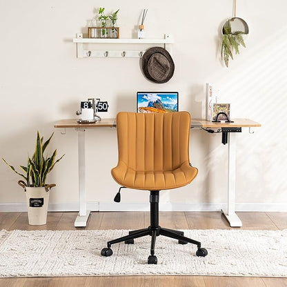 YOUNIKE Ergonomic Home Office Desk Chair with Wheels Comfy Armless Criss Cross Chair with Back Adjustable Height Modern Leather Upholstered Swivel Vanity Chair Small Cute Rolling Task Chair Tan