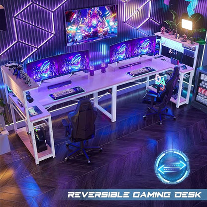 Homieasy Small Gaming Desk with Power Outlets Pegboard LED Light, 51 Inch L Shaped Computer Desk with Monitor Stand Storage Shelves, Reversible Corner Desk with Headset Hooks, Carbon Pink