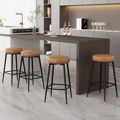 Counter Height Bar Stools, 26" H Backless Bar Stools Set of 8, Upholstered Faux Leather Kitchen Counter Stools, Mid Century Modern, Kitchen Island Home Bar, Pub, Caramel Brown