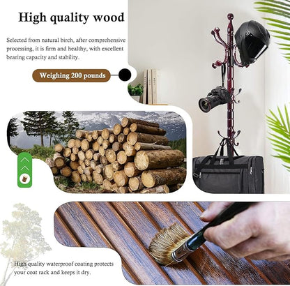 Coat Rack Stand, Solid Wooden Coat Tree with 14 Hooks, Heavy Duty Coat Rack Freestanding with Sturdy Round Base, Natural Birch Wood Coat Hanger Stand for Entryway Bedroom (Ruyi)