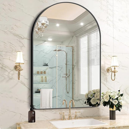 FORBATH Arched Mirror 32x48 Inch, Bathroom Mirror Wall Mounted Modern Black Aluminum Alloy Frame Decor Large Dresser Mirror for Bedroom Living Room Entryway, Hanging or Leaning Against Wall