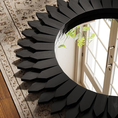 24 Inch Black Boho Wall Decor Sunburst Mirror - Round Wooden Wall Decor, Handmade Rustic Circular Mirror for Living Room, Bedroom, Entryway, Office