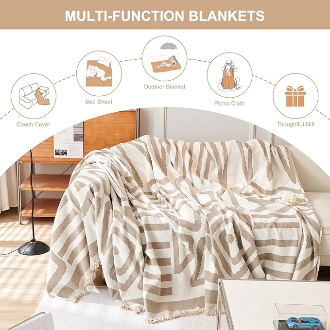 STACYPIK Boho Couch Cover, Khaki Sofa Cover for Dogs, Tassels Loveseat Cover for Sectional, L-Shape Protector for 3 Cushion Couch, Washable Chenille Slipcover, Multi-Use Decorative Blanket-71X134IN