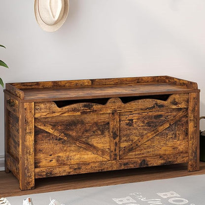 39.4" Storage Chest, Extra Large Storage Trunk with 2 Safety Hinges, Wooden Box Bench, Lift-Top Organizer Chest, Shoe Bench for Entryway, Bedroom, Living Room, Rustic Brown SB04501X