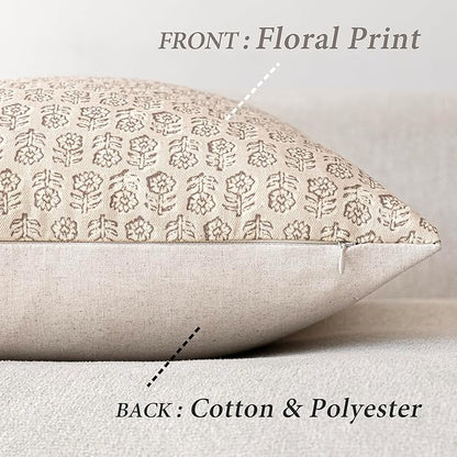 Foindtower Set of 2 Decorative Neutral Floral Print Throw Pillow Covers Vintage Accent Farmhouse Cushion Covers Boho Home Decor for Sofa Couch Chair Bedroom Living Room Outdoor,24×24 Inch,Ivory Beige