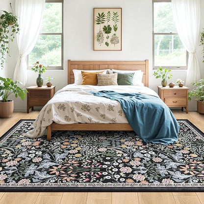 8x10 Area Rugs for Living Room: Floral Washable Rug Vintage Large Soft Boho Non-Slip Carpet Indoor Stain Resistant Low Pile Carpets for Bedroom Dining Room Farmhouse Nursery Home Office Dark Black