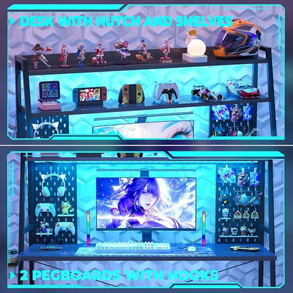 Gaming Desk with Hutch and LED Lights, Gaming Computer Desk with Power Outlets, Gamer Desk with Storage Shelves, PC Game Desks with Pegboards, for Bedroom, Carbon Fiber Black, 49"